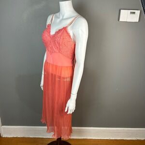 Vintage Slip Dress Lace Small Medium Pink Coral Seamprufe Pleated MCM Retro